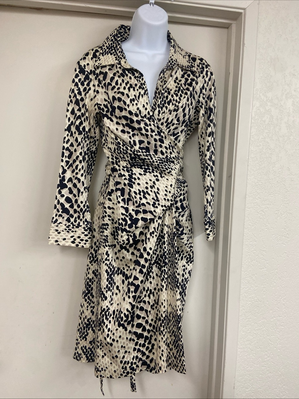 SAMANTHA SUNG Cream and Black Animal Print Wrap Dress